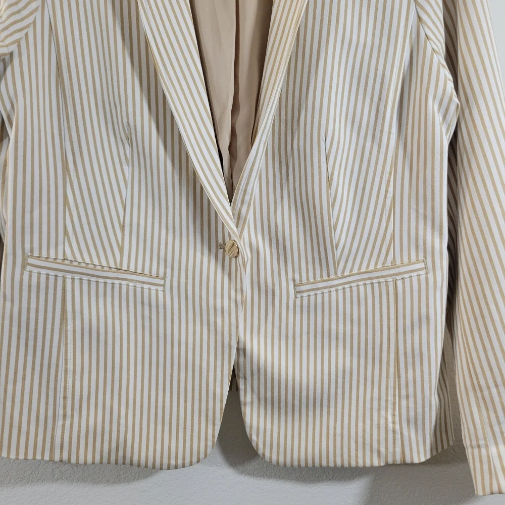 CHICO'S coastal tan striped cotton blend tab-sleeve single-button lined blazer